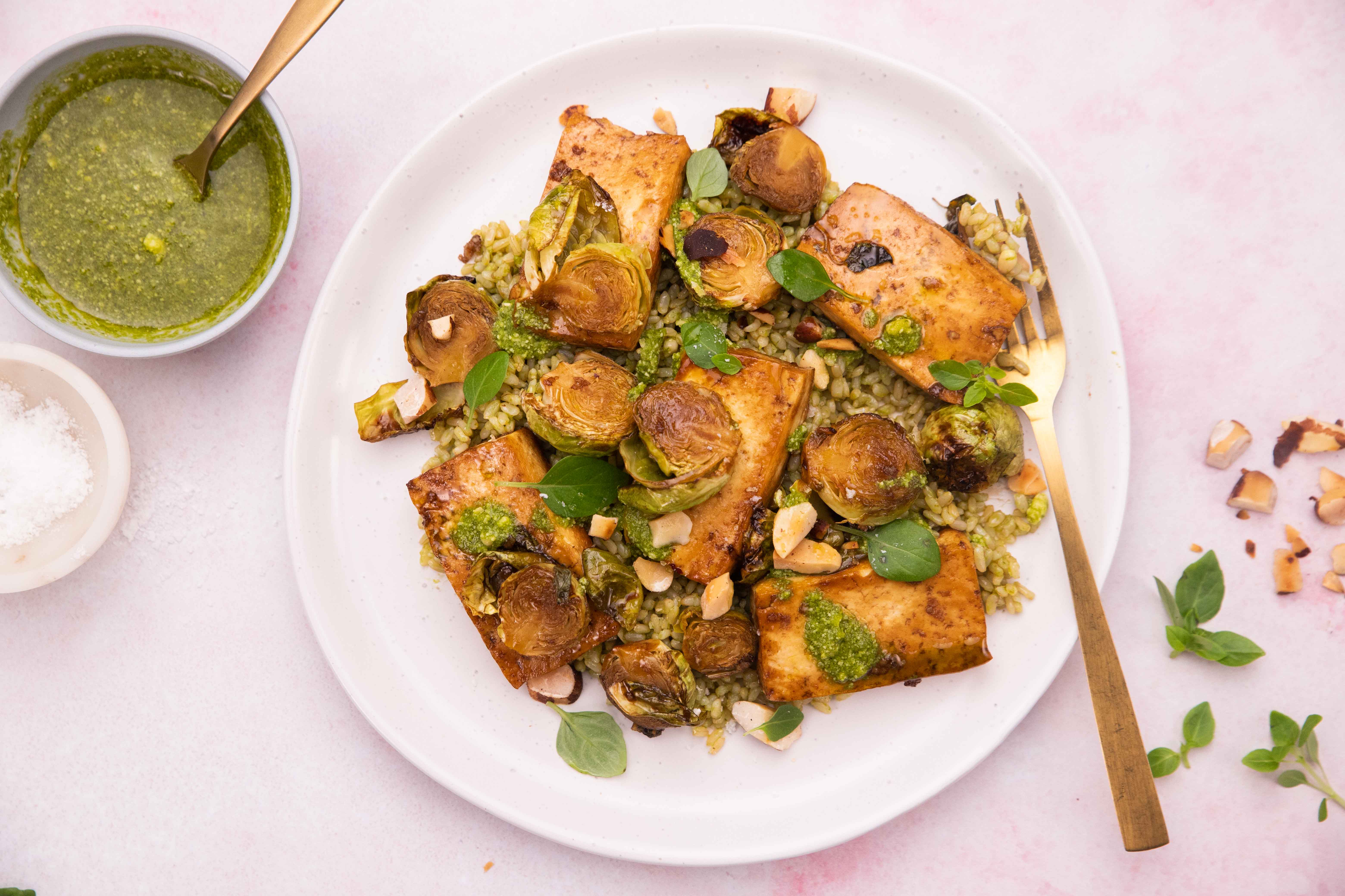 Roasted Balsamic Tofu With Brussels Sprouts - Superb Herb